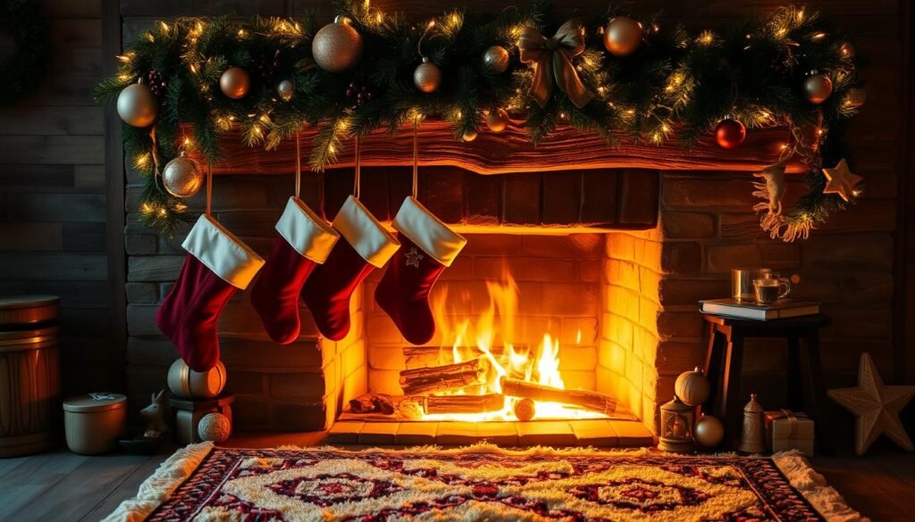 Cozy fireplace with Christmas decor