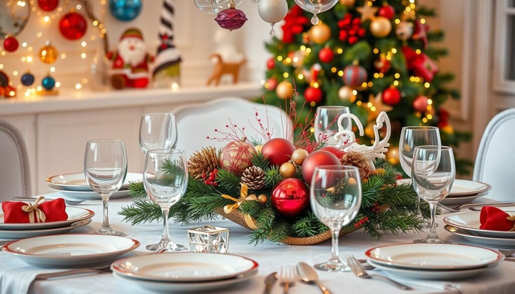 christmas table decor with ornaments