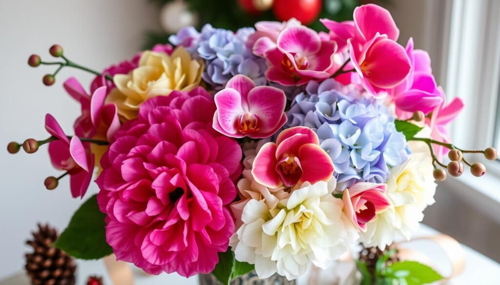 hydrangea and orchid arrangement